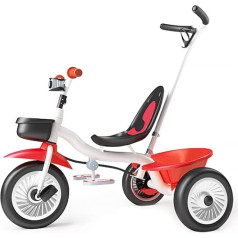 Children's Tricycle with Steerable Push Bar, 2-in-1 Children's Tricycle from 1 Year with Rubber Tyres, Removable Footrest, Basket, Children's Tricycle Bicycle for Children from 15 Months (White Red)