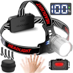 NAKCNM Headlamp with Motion Sensor and LCD Display, Head Torch LED Rechargeable Red Light 20000 Lumens 3 Modes Adjustable Focus Power Bank with Bag for Fishing Hiking Jogging