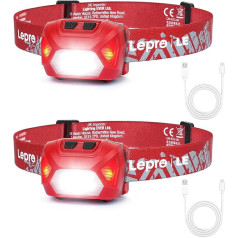 Lepro Stirnlampe LED Wiederaufladbar, 2000 Lux Superhell Kopflampe Stirnlampe mit Rotlicht und 6 Lichtmodi, IPX4 Wasserdicht Leicht Stirnleuchte, Ideal für Camping&Joggen, Rot [inkl. USB Kabel]