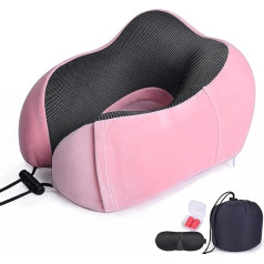 PLMKO Travel Pillow, Memory Foam Neck Pillow, Removable and Washable Pillow Case, Airplane Travel Set, with Eye Mask, Ear Plugs and Storage Bag, Pink