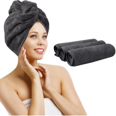 KinHwa Microfibre Turban - Highly Absorbent Hair Towels for Women - Quick Drying - Fits All Hair Types - Size 25 cm x 65 cm (Dark Grey, 3 Pack with Buttons)