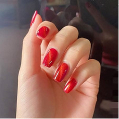 Sethexy Shiny Square Cat Eye False Nails Medium Shiny Full Cover False Nails Red 24 Pieces Acrylic False Nails for Women Girls