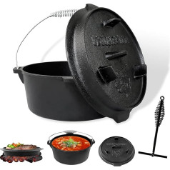 CCLIFE Dutch Oven Set 4/6/9 Litre Cast Iron Grill Pot with Fire Pot Cast Iron Pot for Grill Camping