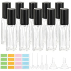 PATIKIL Travel Perfume Bottle, Pack of 10 10 ml Fine Spray Bottle, Refillable Small Perfume Atomiser with Labels, Funnel, Pipette for Perfume Liquid, Essential Oil, Clear/Black
