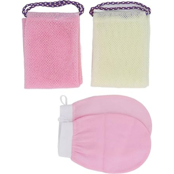 2 Pack African Mesh Sponge with Hand Straps, Long Nylon Mesh Bath Sponge with 2 Bath Gloves for Smoother Shower Skin (Pink Beige)