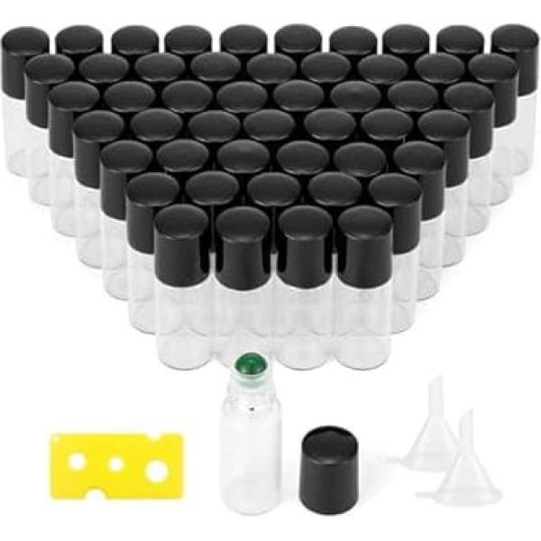 JIUWU 50 Pieces Clear Glass Roll Up Bottles 3ml Refillable Empty Glass Bottles with 1 Opener and 2 Funnels Glass Rollon Bottles for Essential Oils Aromatherapy Liquid Pink