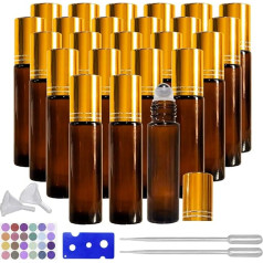 BEGIKET 24 Packs 10ml Roller Bottles for Essential Oils Amber Roller Bottles (including 24 Labels, 2 Funnels, 2 Straws and 1 Bottle Opener) with Essential Oils for