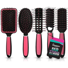 5 Piece Hair Brush Set | Includes Paddle Brush, Cushion Brush, Zig Zag Brush, Round Brush and Vented Brush | Silky Smooth Pink Hair Brushes | Includes SOL Notebook