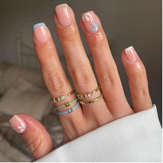 Flower Sticking Nails, Pack of 24, Short Square False Nails, Shiny French False Nails, Summer Nail Tips, Full Cover Stick on Nails for Women and Girls