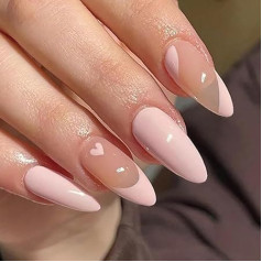 French False Nails Pink Heart Press on Nails Ballerina Acrylic Stick on Nails Almond Fake Nails 24pcs for Women and Girls(1 count (Pack of 1))