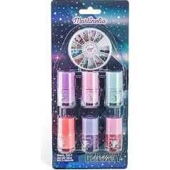 Martinelia Mini Manicure Kit for Kids Galaxy - Set of 6 Nail Polishes for Kids & Assorted Sequins - Water Based Mini Nail Polish Blue, Pink, Purple and Orange + 2 Glitter Varnishes -