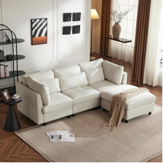 Kecduey Sofa, 3 Seater Sofa, L-Shaped Corner Sofa, Modern Design, Upholstered Furniture, Sofa, Three Seater Sofa, Living Room Sofa, Corner Sofa with Footstool, with Sleep Function (Beige)