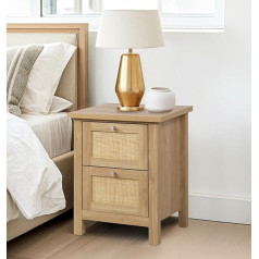Hallowood Furniture Newquay Oak Effect Bedside Table with 2 Drawers and Rattan Front - Narrow Side Table & Lamp Table - Bedroom Cabinet - Side Table for Living Room - Bedside Table