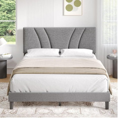 Novilla Upholstered Platform Double Bed Frame with Headboard, Mattress Foundation, Solid Support Legs, Fabric Cover, Woodwood Slatted Support, Easy Assembly, 135 x 190 cm, Grey