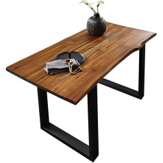 SAM Esra Dining Table 120 x 80 cm, Solid Acacia Wood, Cognac Coloured, Wane Table with Metal Frame in Black, Dining Room Table with Wane Edge Board 26 mm, Real Wane Edge