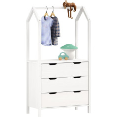 Idimex Amira Children's Bedroom Chest of Drawers with Clothes Rail in House Shape - White, 3 Drawers, Integrated Clothes Rail Storage Space for Clothes, Toys, Books, Pine