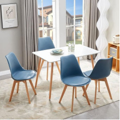 Furnitable Dining Room Group Dining Table with 4 Chairs, Rectangular 110 cm Kitchen Table Set and Set of 4 Dining Room Chairs for Living Room, Kitchen, Office (White Table + 4 Dark Blue Chairs)