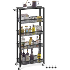 Liantral 5 Tier Shelf Trolley with Wooden Top, Narrow Kitchen Trolley, Multi-Purpose Storage Trolley with Wheels, 18 W x 42 D x 105 H, Easy to Assemble for Kitchen, Bathroom, Living Room, Black