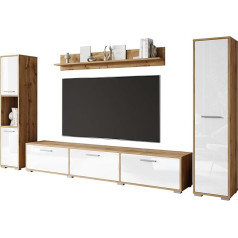 Generisch Toga Living Room Furniture Set with TV Base Cabinet, Tall Cabinets and Wall Shelf, Wotan Oak/White, High Gloss, Modern, 4-Piece Wall Unit Set for Living Room