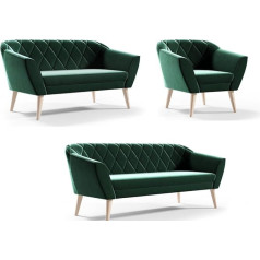 Generisch Couch Set 3 + 2 + 1 Seater Velvet High Wooden Feet Beech (Green)