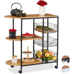 Relaxdays Serving Trolley, Kitchen Trolley with 3 Shelves and 3 Baskets, Industrial, Metal and MDF, HBT 84 x 83 x 37 cm, Black/Light Brown, Design C