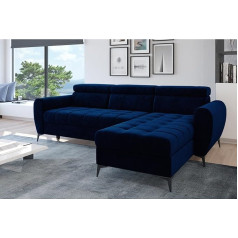 Easy4You Bjorn Velvet L-Shaped Corner Sofa, Navy Blue, 252 x 101 x 175 cm, Sofa Bed with Bed Box and Sleep Function, Corner Couch with Storage Space, Adjustable Headrests, Monolith 77 Fabric