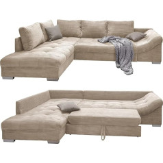 Luma-Home Schönes Für Dein Zuhause Beautiful Corduroy Corner Sofa with Sleep Function, Wave Support, Cosy L Sofa 298 x 202 cm, Long Chair Ottoman Left, Couch with Corduroy Fabric in Beige, 2 Decorative Cushions in Grey / 17204