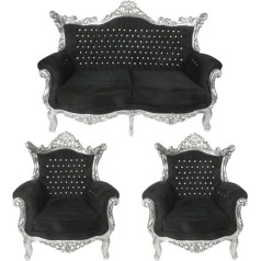 Casa Padrino Baroque Living Room Set Black/Silver with Bling Bling Rhinestones - 2 Seater Sofa + 2 Armchairs - Baroque Furniture