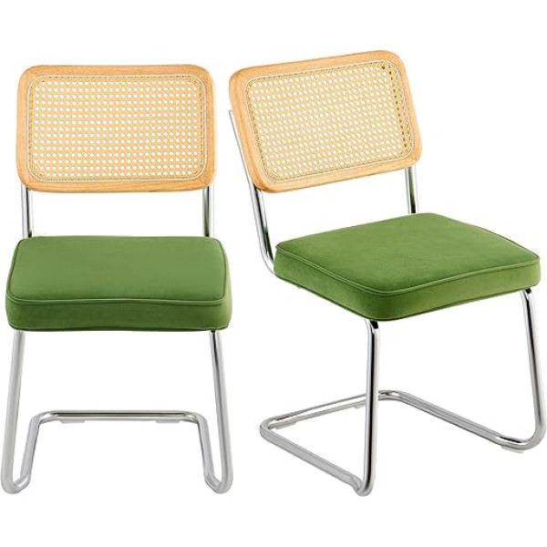 Vevor Rattan Chairs, Set of 2, Modern Dining Chair, Padded Velvet Accent Chair with Rattan Backrest, Retro Dining Kitchen Chair for Living Room, Bedroom, Reading Room, Green