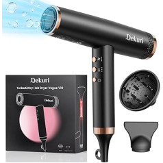 Dekuri Hair Dryer High Speed 110,000 rpm Brushless Motor Lightweight Hair Dryer, Ion Care, Intelligent Temperature Control, 2 Magnetic Attachments (Diffuser, Concentrator), Black