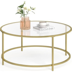 VASAGLE Round Coffee Table, Glass Table with Metal Frame, Tempered Glass Bedside Table, Sofa Table, for Balcony, Golden LGT21G