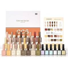 CANNI 24 Piece UV Nail Polish Set Nude Brown Glitter Gold Red with Colour Chart & Base Coat & Shiny Top Coat & Matte Top Coat & Primer & Dehydrator & Reinforce Gel for Nail Studio Design Starter