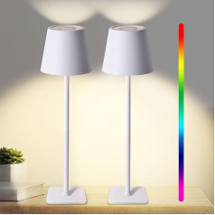 Jueholla LED Tischlampe, RGB Dimmbare LED Akku Tischleuchte Kabellos, Mit 5200 mAh Akku, Akku Tischlampe Aufladbar mit USB, IP54 Wasserdichte für Indoor Outdoor Schlafzimmer Bar Weiß （2 Stück）