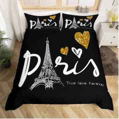 Loussiesd Eiffel Tower Duvet Cover Paris Theme Bed Linen 135 x 200 cm French Cityscape Bedding Set for Children Adults Golden Heart Pattern Duvet Cover Black Ultra Soft Bedding