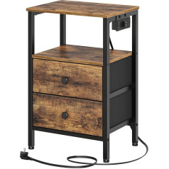 YATINEY Bedside Table with Charging Station, Side Table, Bedside Table with 2 Drawers, Sofa Table with USB Ports and Shelves for Living Room, Bedroom, Vintage Brown and Black XET02CBR