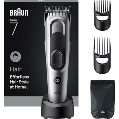 Braun HC7590 Series 7 Hair Trimmer + 5 Accessories, Lifelong Sharp Blade, 17 Length Settings with Memory Button, 50 Minutes Runtime, Washable, Grey