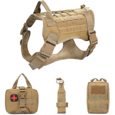 ALLSOPETS Dog Harness with MOLLE System Harness for Medium and Large Dogs with Water Bottle Pocket, First Aid Bag and Multi-Purpose Bag (Khaki, M)
