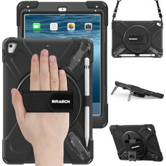 BRAECN Case for iPad Air 2, iPad 6th/5th Generation, iPad Pro 9.7, Rugged Shockproof Protective Case with Three Multifunction Stands, Pen Holder, Hand Strap and Shoulder Strap - Black