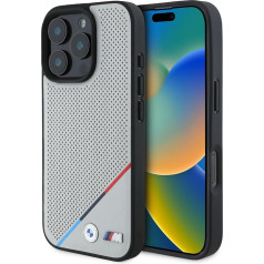 CG MOBILE BMW HC M Phone Case Designed for iPhone 16 Pro Max, Durable, Shockproof, Compatible with Magsafe, PU Perforated Tricolor Line Case, Grey