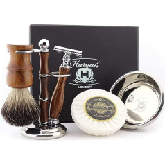 Haryali London 5 Piece Wooden Shaving Set Double Sided Safety Razor Pure Black Badger Hair Stand Bowl and Soap