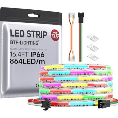 BTF-LIGHTING FCOB COB RGB WS2811 IC Addressable LED Strip DC24V 5M 864LEDs/M 26W/M 12mm White PCB Chasing Colour Flexible High Density LED IP66 Waterproof for Interior Decoration (Strip Only)