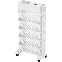 Moveable Plastic Bookcase, Bookcase with Wheels, Multi-layer Rotating Rolling Organiser Shelf (6 Layers)