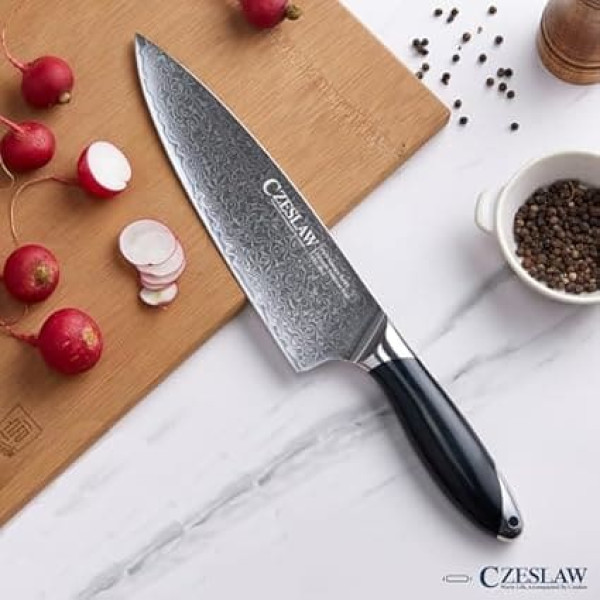 Czeslaw Kitchen Knife - Damascus Knife, Japanese Chef's Knife Made of Damascus 20 cm Professional Sharp Kitchen Knife, Black Japanese Kitchen Knife Made of Damascus Steel, Ergonomic ABS Handle Design