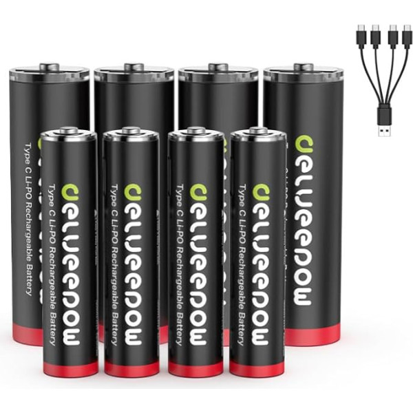 Delyeepow USB-C AA AAA Batteries Lithium Rechargeable 1.5 V 3400 mWh AA 4 Pieces 1200 mWh AAA 4 Pieces USB Rechargeable Batteries with 4-in-1 USB-C Charging Cable, 1 Hour Quick Charge, 1500 Cycle