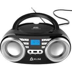 KLIM B3 Boombox Reproductor de CD Portatil Con Radio FM, Bluetooth, USB y AUX: Altavoces Duales de Alta Calidad, Efectos de Sonido EQ, 20 Emisoras Presintonizadas, Compacto y Ligero