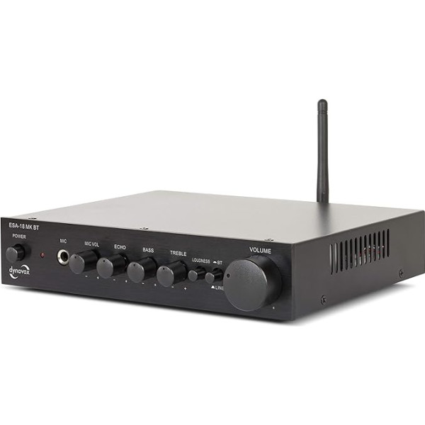 Dynavox ESA-18 MK BT Compact Stereo Amplifier, Screwable Speaker Connection Terminals, Built-in BT Antenna and Microphone Input, Black