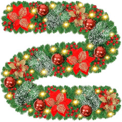 Christmas Garland Decoration, 2.7 m Christmas Garland with Lighting, Red Berry Wreath Garlands for Stairs, Fireplaces, Doors, Artificial Christmas Garlands, Christmas Decoration Indoor and Outdoor