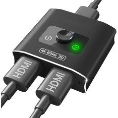 HDMI Switch, HDMI Splitter 4K Aluminium Bi-Directional HDMI Switch 2 in 1 Out or 1 in 2 Out HDMI Switcher, HDMI Splitter Supports HDCP 2.2 4K 3D HDR for Fire TV Stick UHD TV PS5 Xbox DVD