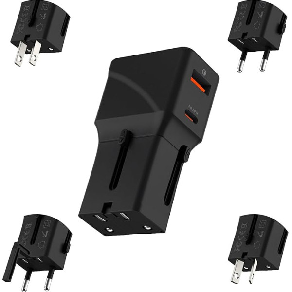 Rolling Square Pocket Travel Charger - Universal Charger Adapter with USB-C and USB-A Socket, Perfect for Travel, Compatible with Sockets in 200 Countries, US, EU, UK, AU, Power up to 20W