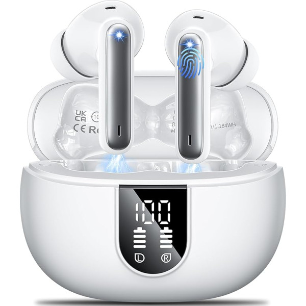 AOVOCE Bluetooth Headphones, Wireless Headphones, Bluetooth 5.3 In-Ear Headphones, HiFi Stereo Headphones, Sports Headphones with 4 Microphones, LED Display, 159.99 Grey
